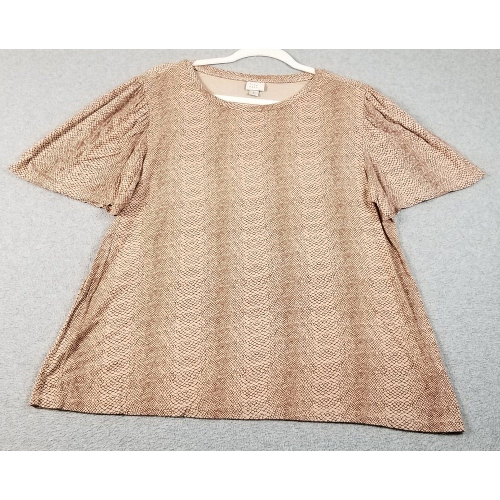 A New Day Top Women's XL Brown Beige Snakeskin Animal Print Short Sleeve Stretch